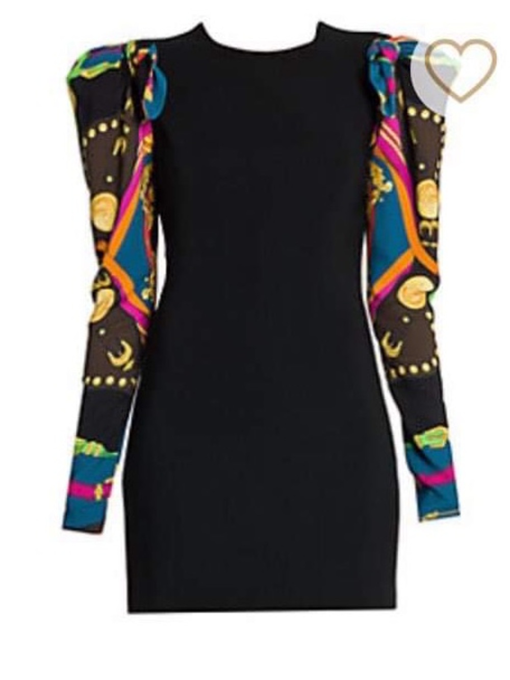 Versace Black Mini Dress with Multicolor Printed Puff Sleeves, Italy Size 42